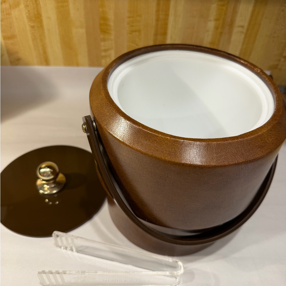 Vintage Mid-Century Brown Faux Leather Lucite Morgan Designs Ice Bucket Brigade